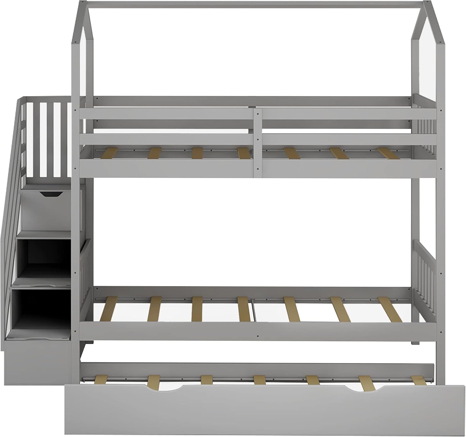 KLMM Twin Over Twin Bunk Bed for Kids Toddlers, House Bunk Bed Farm with Storage Steps and Trundle, Roof Guardrail for Girls/Boys, No Spring Box Required (Gray + Pine+Trundle)