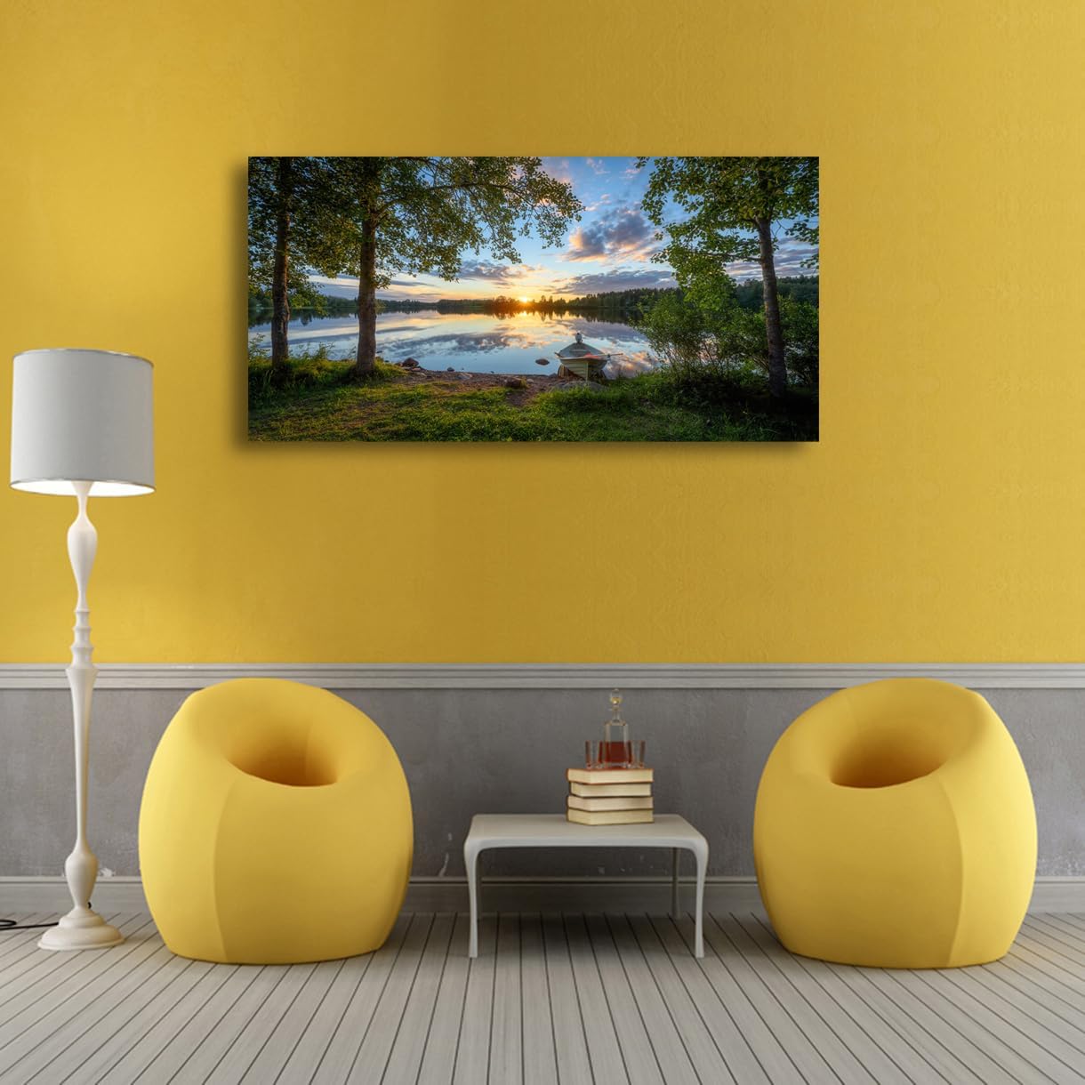 Tree Canvas Wall Art of a Sunrise Over a Forest Lake 28x57 inches Nature Inspired Painting Perfect for Wall Decoration in Living Room and Bedroom Trees and Landscape Picture Artwork Prints