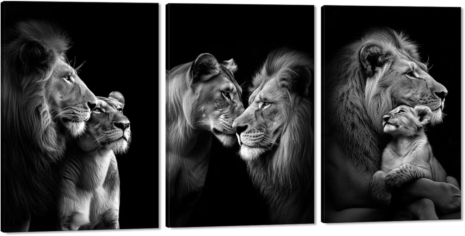 Black and White Lion Wall Art for Living Room Decor 3 Panels Wild Animals Pictures Wall Decor Modern Lion and Lioness Posters Prints Artwork, Framed 24' W x 36' H x 3pcs