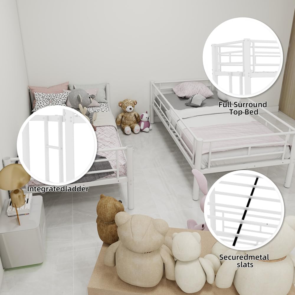 Twin Over Full Metal Bunk Bed, with Ladder & Full-Length Guardrail for Teens Adults, Noise Free (White + Metal + Metal-2)