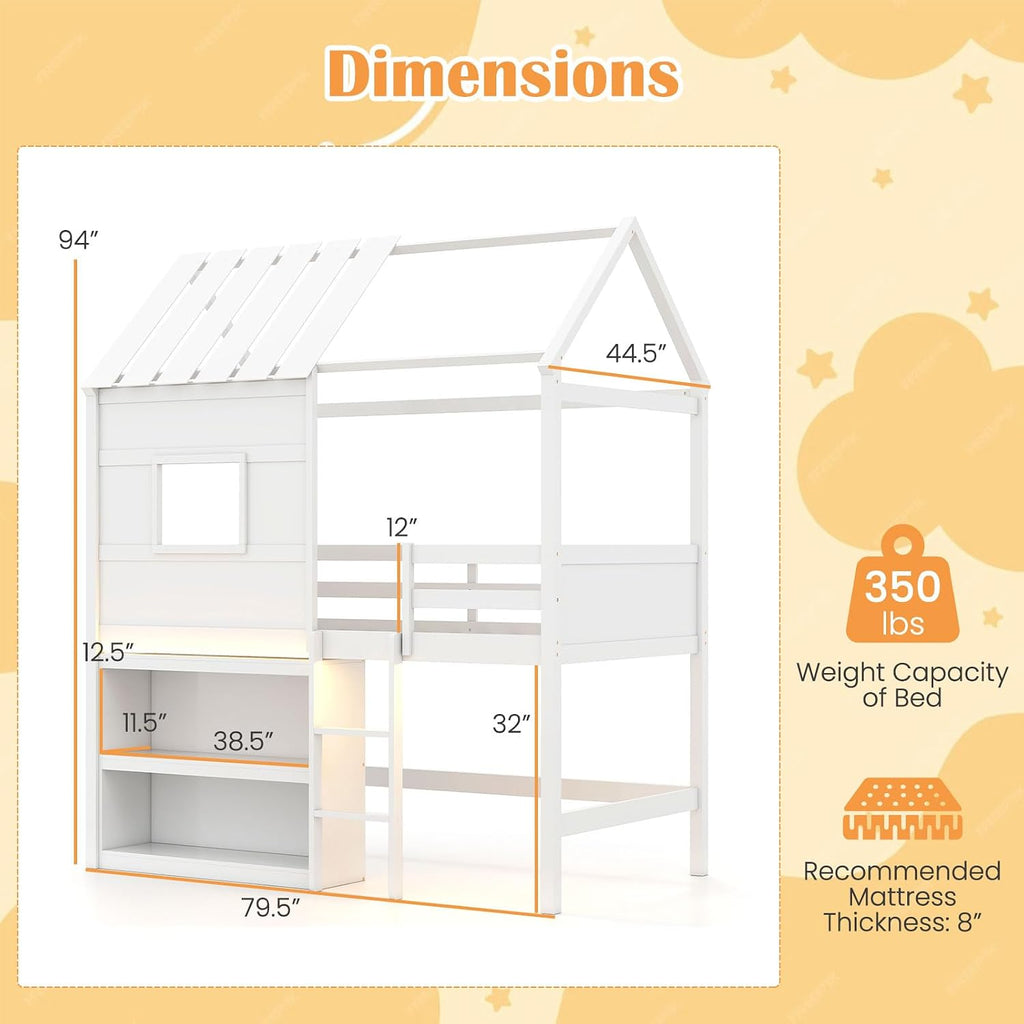 Giantex Twin Size House Loft Bed, Low Loft Bed with Roof, Window, LED Lights & Storage Bookshelf, Solid Wood Bedframe w/Ladder, Safety Guardrail, Under-Bed Play Space for Kids Boys Girls, White