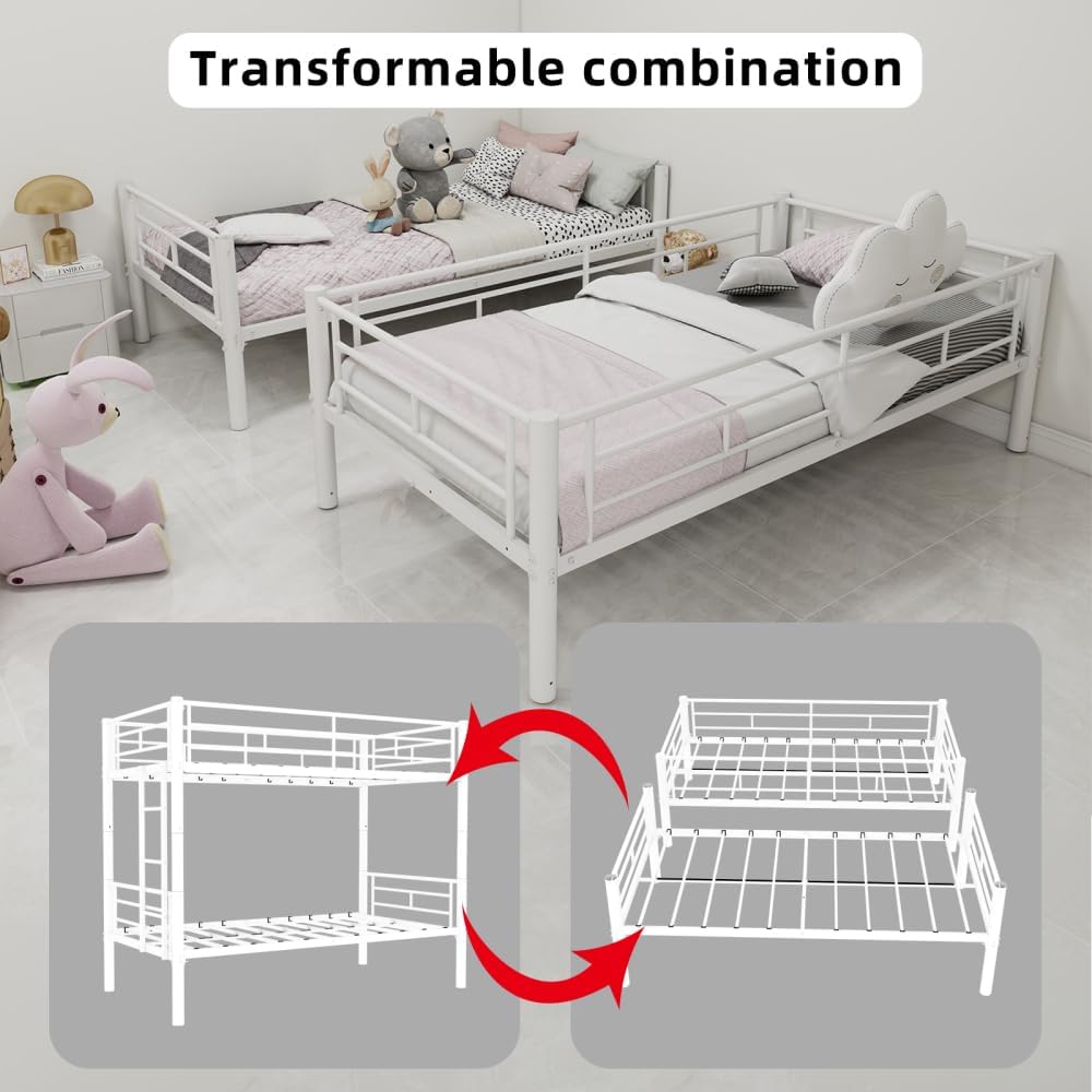 Twin Over Full Metal Bunk Bed, with Ladder & Full-Length Guardrail for Teens Adults, Noise Free (White + Metal + Metal-2)