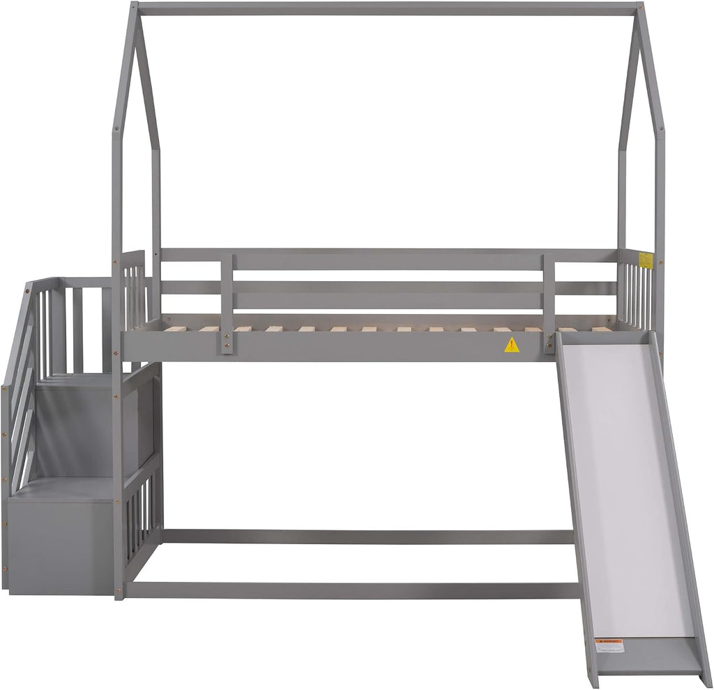 Wood House Bunk Bed for Kids Toddlers, Twin Over Twin Bunk Bed with Convertible Slide, Storage Staircase Can be Placed Left or Right, No Spring Box Required (Gray+House03)