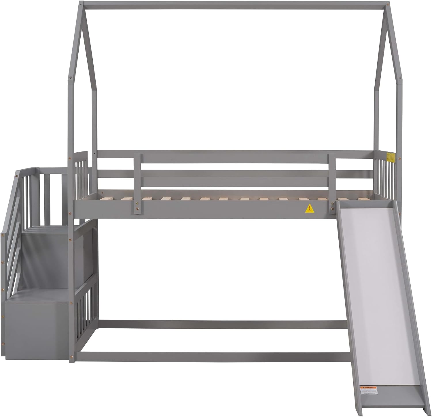 Wood House Bunk Bed for Kids Toddlers, Twin Over Twin Bunk Bed with Convertible Slide, Storage Staircase Can be Placed Left or Right, No Spring Box Required (Gray+House03)