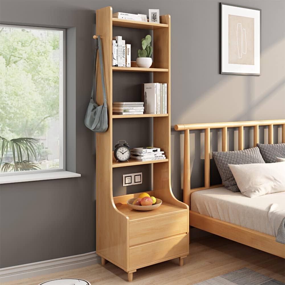 IOTXY Oak Bedside Table Bookshelf - 71' Tall Free Standing Wooden Open Shelf Bookcase with Drawers and 4-Shelves for Bedroom, Bed Side End Table, Nightstand