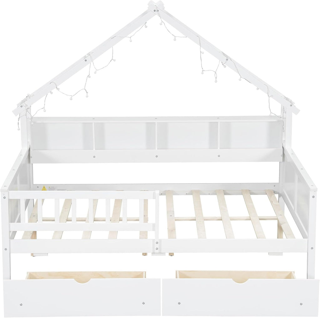 JIVOIT House Beds Wood Platform Bed, Full Size Platform Bed Frame with Storage Shelves, Drawers and Guardrail, Wood Slats Support, No Box Spring Needed (White/509)