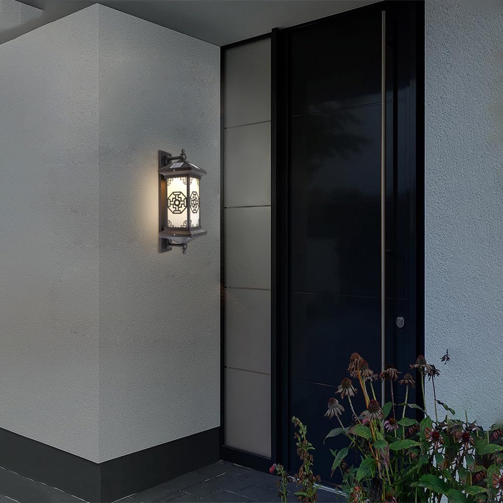 Outdoor Solar Wall Light Vintage Lantern Wall Sconce Cordless Solar Powered Wall Mounted Lamp Exterior Porch Lights Patio Fence Outside Sconces Wall Lighting Fixture