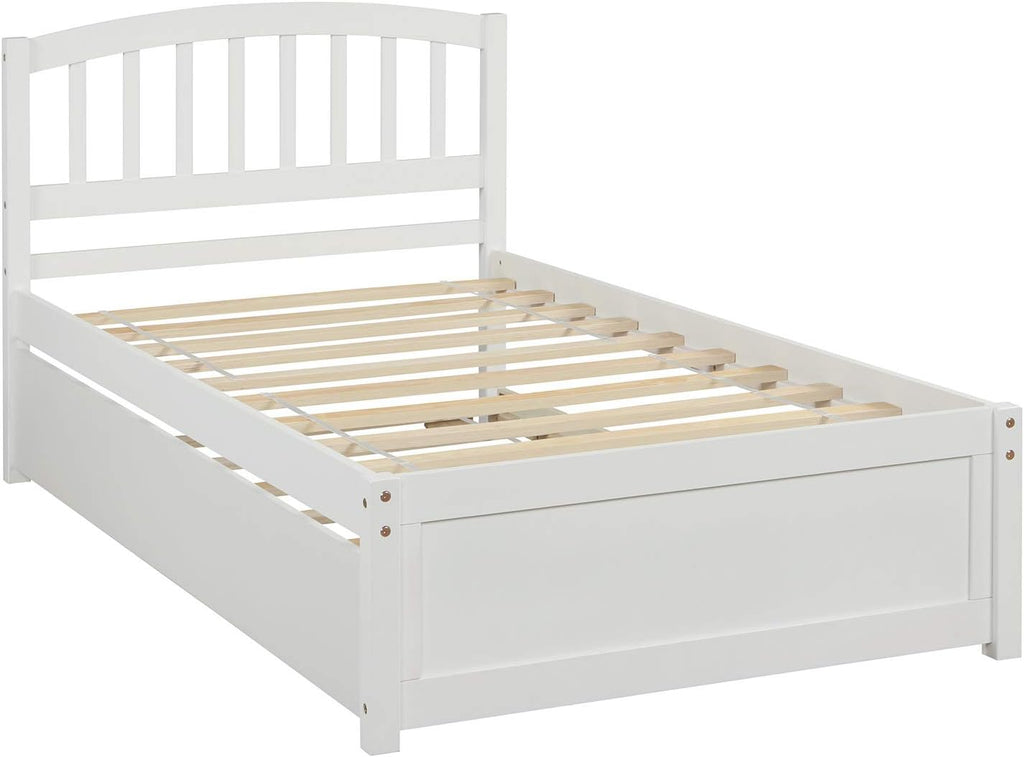 Modern Solid Wood Platform Bed with Trundle Classic Bed Frame with Headboard, No Box Spring Needed Space Saving, Twin White