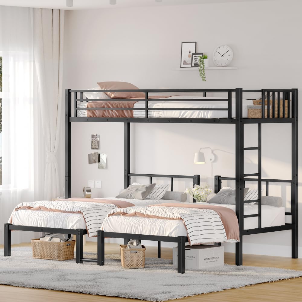 Twin Over Twin & Queen Bunk Bed, with Safety Guardrails,Space-Saving/Noise Reduced,Black (Black + Metal + Twin)
