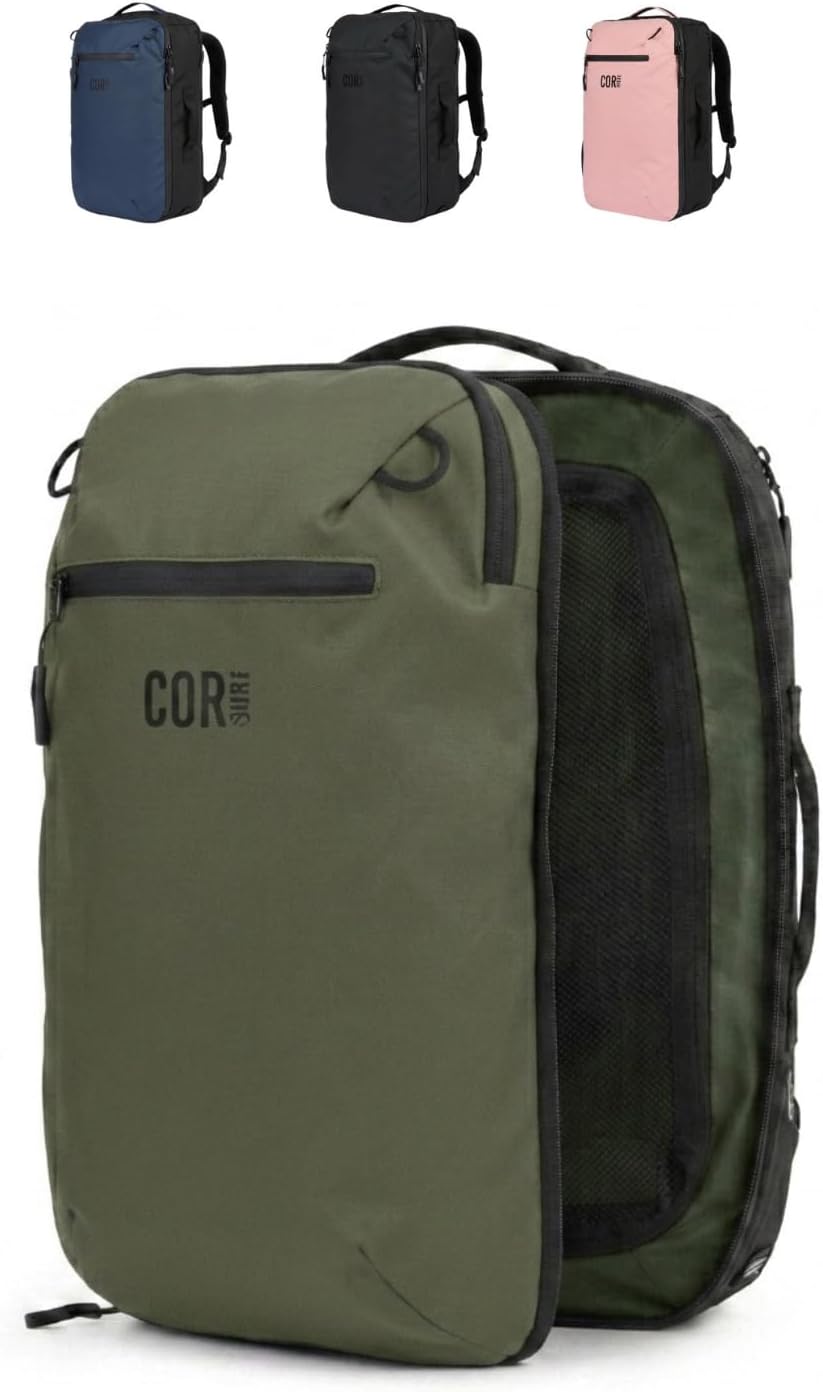 COR Surf Carry On Travel Backpack | NOW with Premium YKK Zippers | Flight Approved Carry On Laptop Backpack with Secret Passport Pockets | The Island Hopper (28L, Army Green)