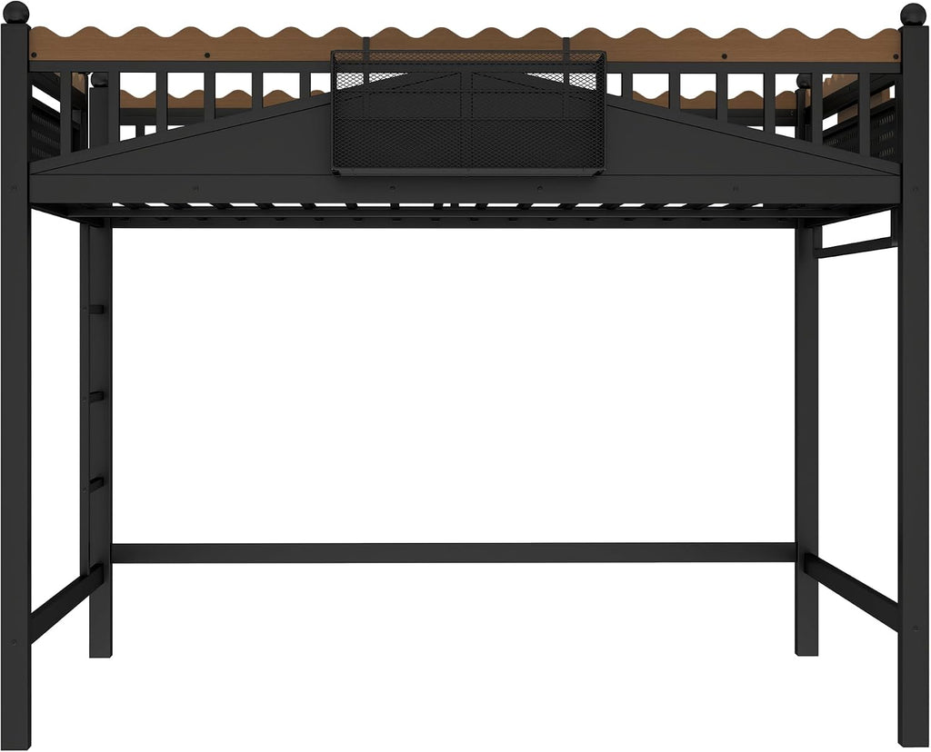 JIVOIT Metal Loft Bed with Built-in Storage Shelves and Bookshelf, Full Size Metal Loft Bed with Safe Ladder & Guardrail, Space-Saving Loft Bed, No Box Spring Needed and Chic Design