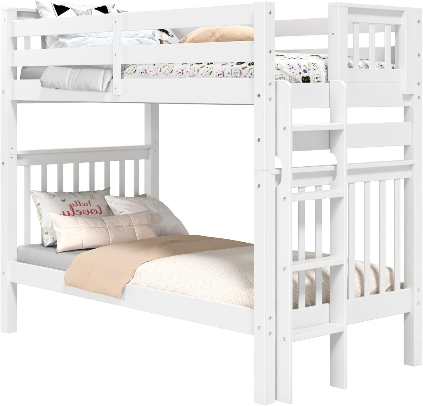 Bedz King Tall Bunk Beds Twin Over Twin Mission Style, End Ladder, White