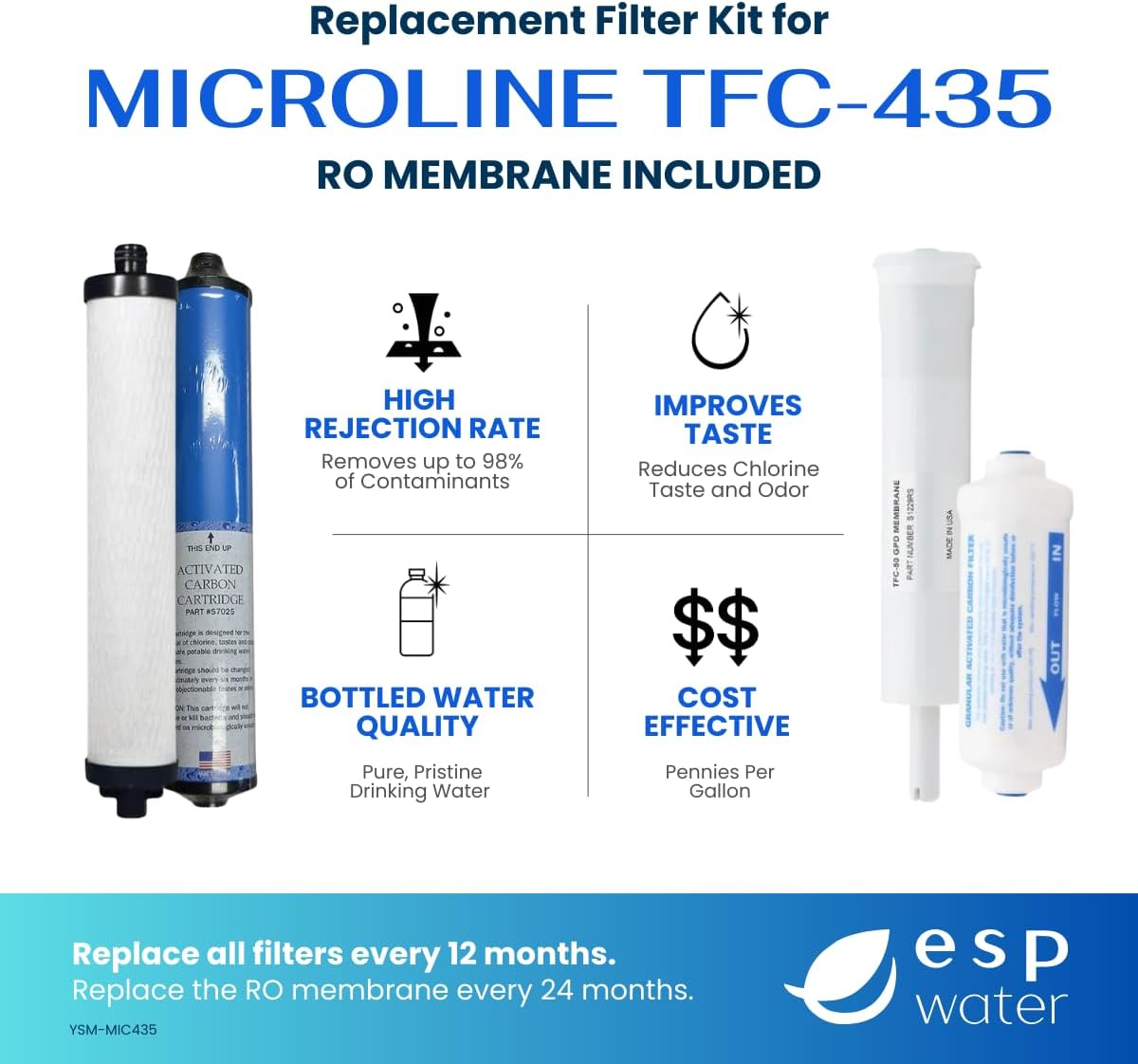 Microline TFC-435 Replacement Filter Kit – Complete with 50 GPD Reverse Osmosis Membrane, Genuine Components for Contaminant Reduction, Reduces Fluoride, Chlorine, and Arsenic V