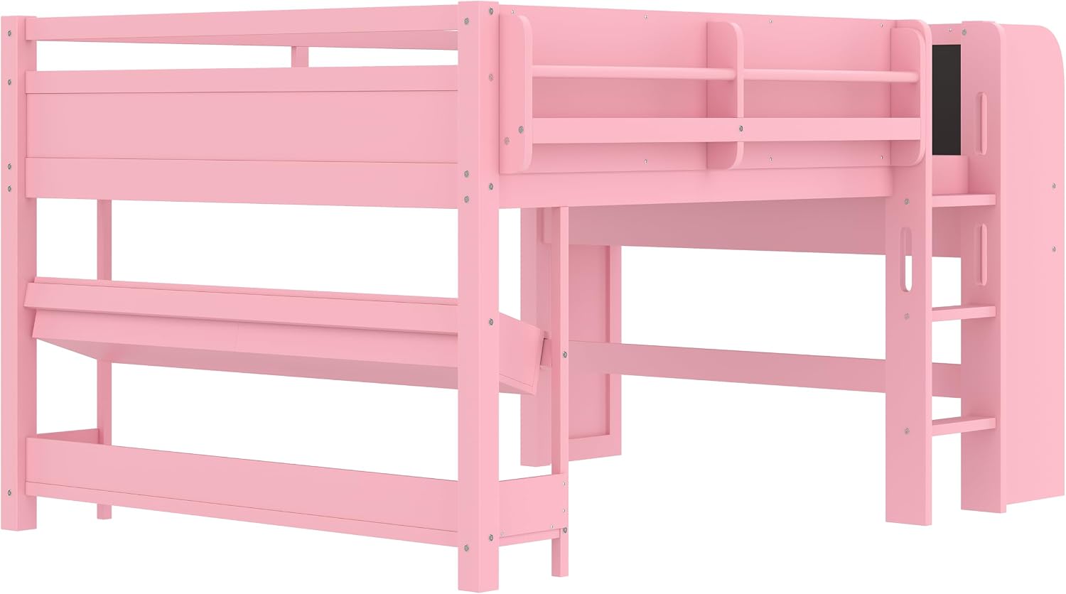 MERITLINE Full Loft Bed with Desk & Blackboard, Twin Multi-Functional Bed with Storage, All-in-One Study & Play Design, Pink