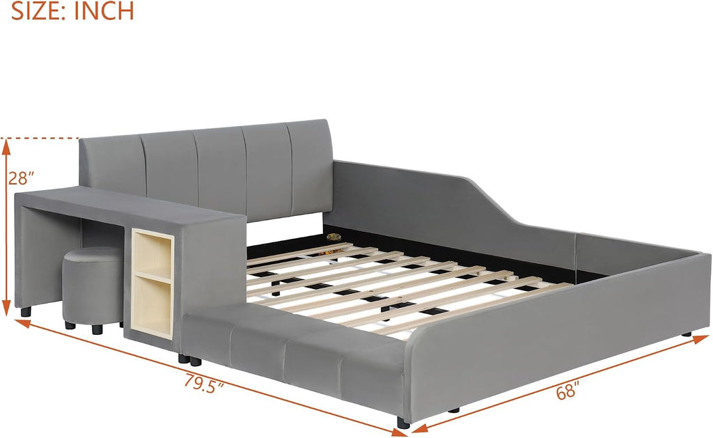 Full Size Upholstered Grounded Bed, Mother & Child Bed with Bedside Desk and Little Round Stool (Gray)