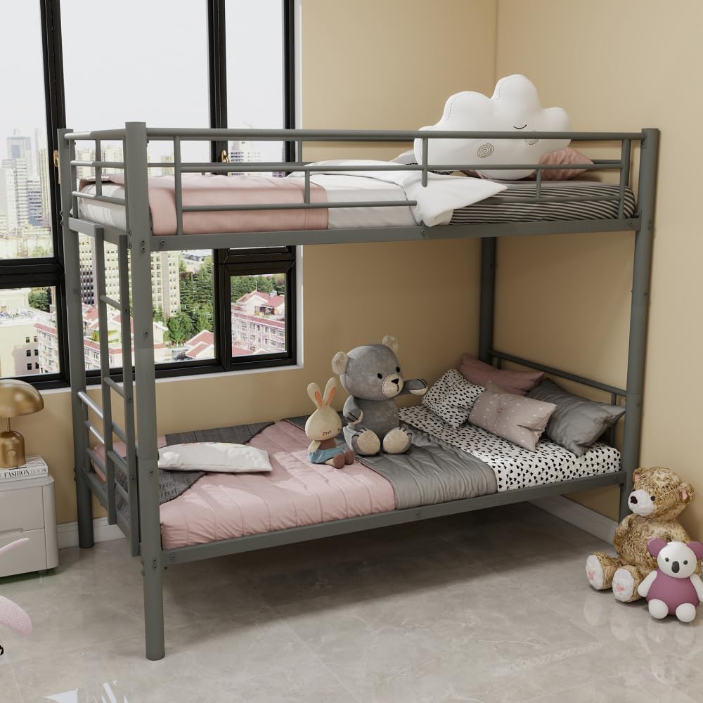 Twin Over Full Metal Bunk Bed, with Ladder & Full-Length Guardrail for Teens Adults, Noise Free (Silver + Metal + Metal)