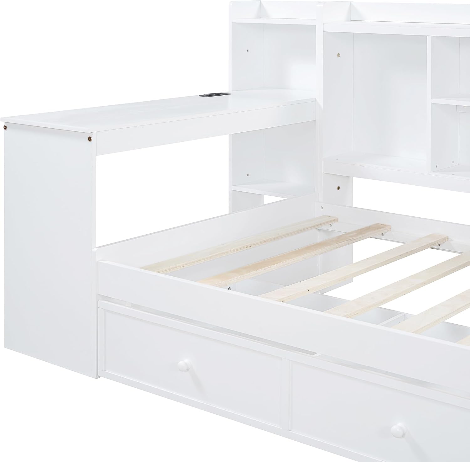 Twin Size Daybed with Storage Shelves and Study Desk, Wooden Daybed Sofa Bed Frame with 3 Drawers and USB Ports for Office Living Room Bedroom, Maximize Space (White-23U)