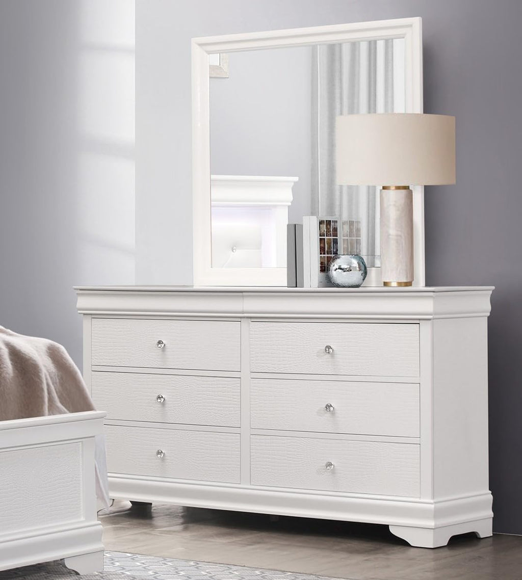Glam Style Bedroom Set 5pcs Queen Size Bed LED Light HB White Finish Alligator Texture Panels Wooden Furniture