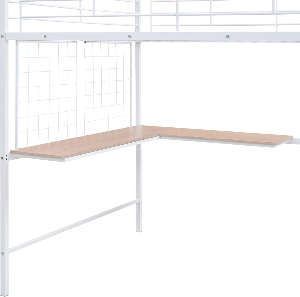 Metal Loft Bed with L-Shape Desk and Metal Grid, Lateral Storage Ladder and Wardrobe, Full Size Metal Frame Bed with Metal Slat Support and Guardrail, No Box Spring Needed (White-Wardrobe,Full)