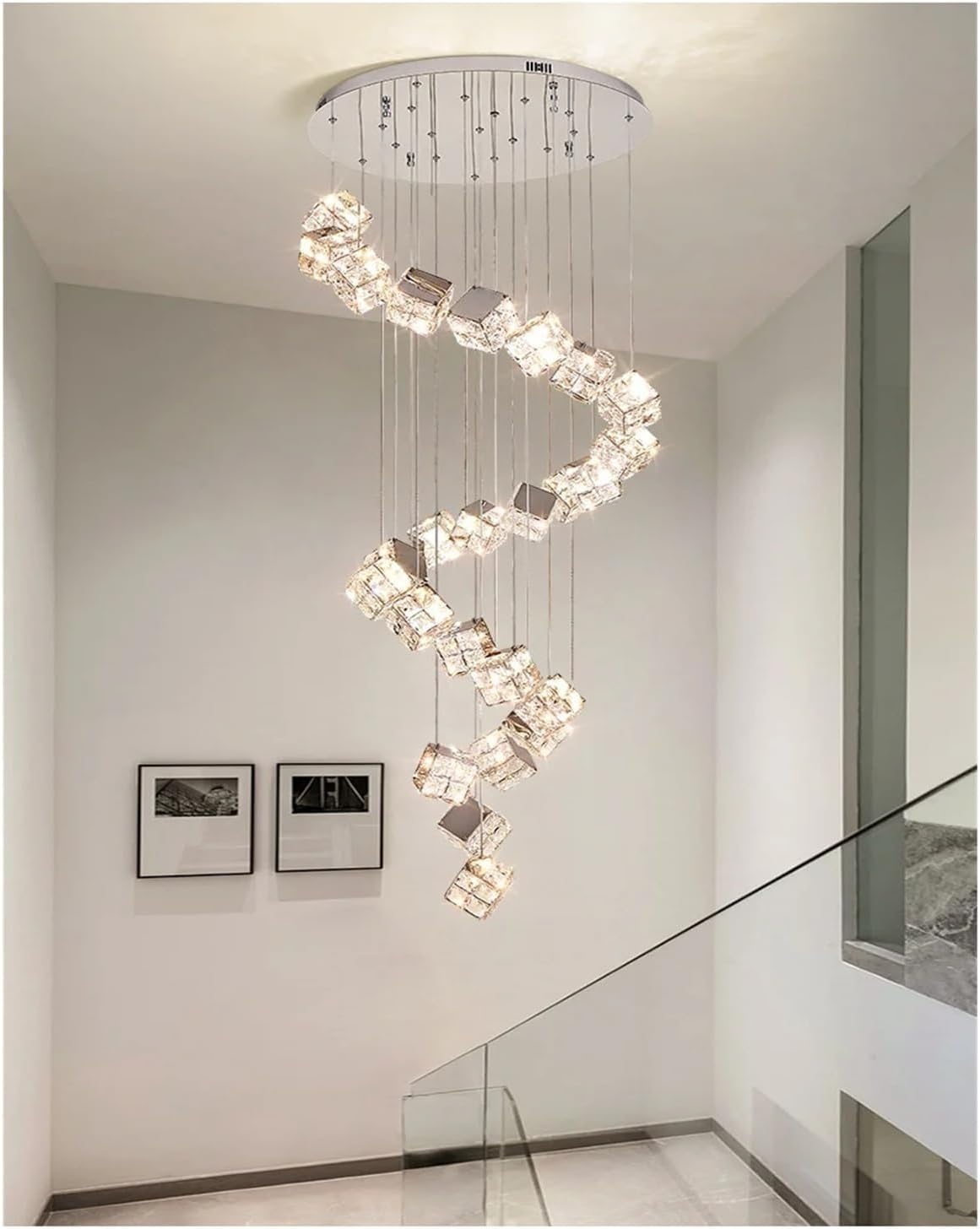 Modern K9 Crystal Led Chandelier Stair Luxury Cube Steel Pendant Lights Indoor Decor Lighting Lamparas Luminarias Lighting Versatile Use(16heads)