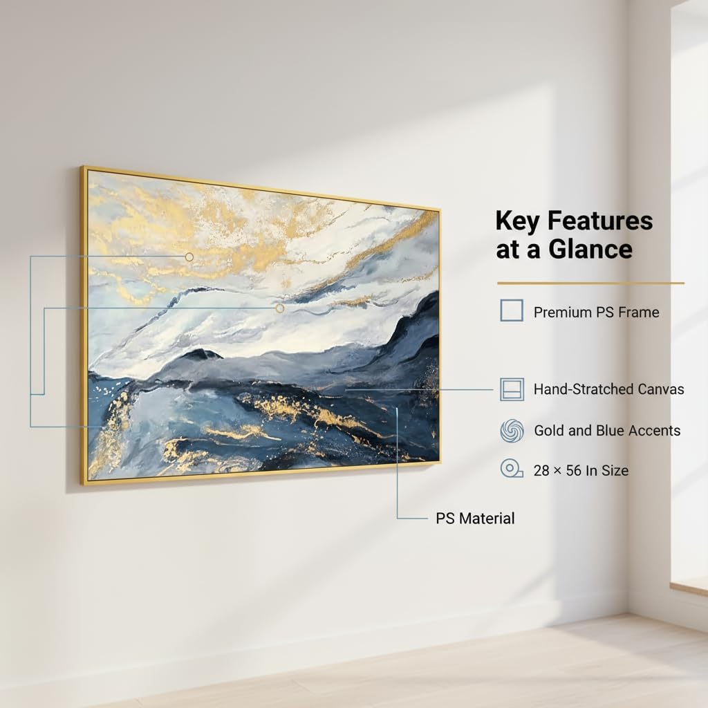 Large Textured Blue & Gold Mountain Framed Wall Art for Living Room, Abstract Landscape Oil Painting with Gold Foil for Bedroom, Modern Luxury Wall Decor for Office, Ready to Hang 28x56 Inches