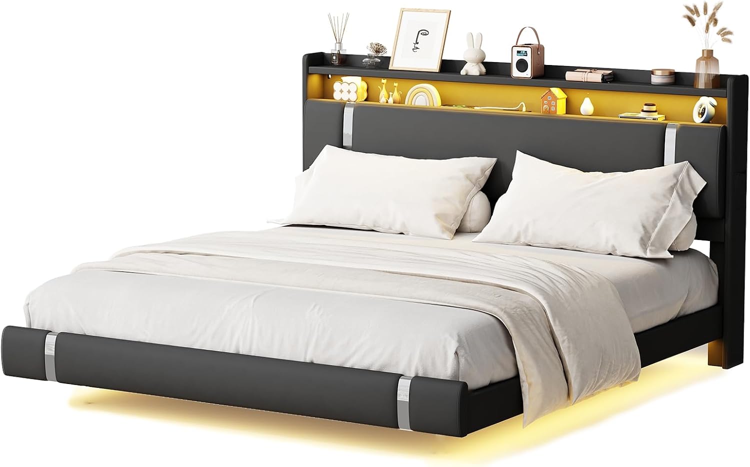 Floating Bed Frame with Storage Headboard, Modern Black King Size Bed Frame with LED Light and Charging Station, Upholstered Platform Bed Frame, No Box Spring Needed, Metal Frame Noise-Free