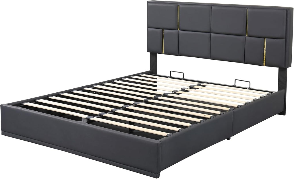 Queen Size Lift Up Storage Bed with Storage Ottoman, Queen Bed Frame with Tufted Headboard/Hydraulic Storage, 2-Pieces Queen Bedroom Sets, Easy Assembly, Pink(Black with Gold,Queen with Bench)
