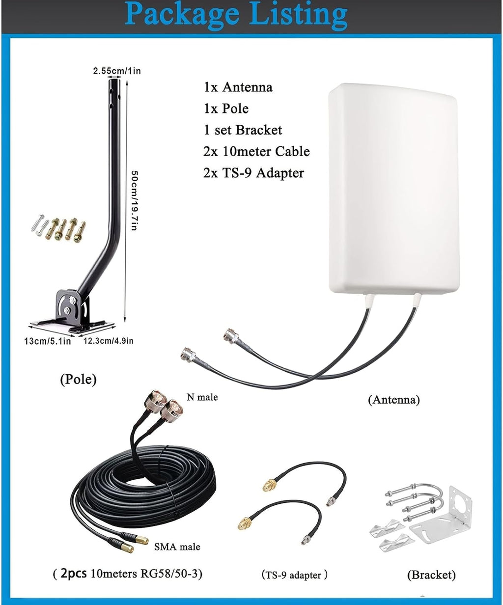 5G/ 4G/ LTE/ 2x2 MIMO Antennas Outdoor Directional Panel Antenna for Routers with Detachable Antenna, Support Verizon AT&T Sprint T-Mobile Home Internet, with TS9 SMA Cable J-Mount Pole (Full Kit)