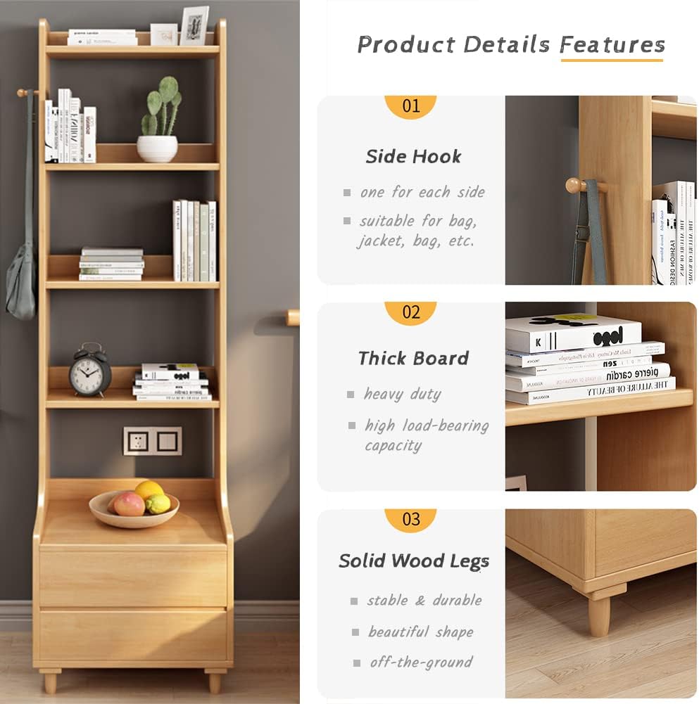 IOTXY Oak Bedside Table Bookshelf - 71' Tall Free Standing Wooden Open Shelf Bookcase with Drawers and 4-Shelves for Bedroom, Bed Side End Table, Nightstand