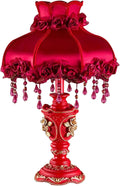 Victorian Lamp Antique Table Lamp,Vintage Fringe Lamp with Shade,European Pastoral Night Stand Flower Lamp Table Light for Bedroom Living Room(11.8' D x 11.8' W x 20.5' H, Red)