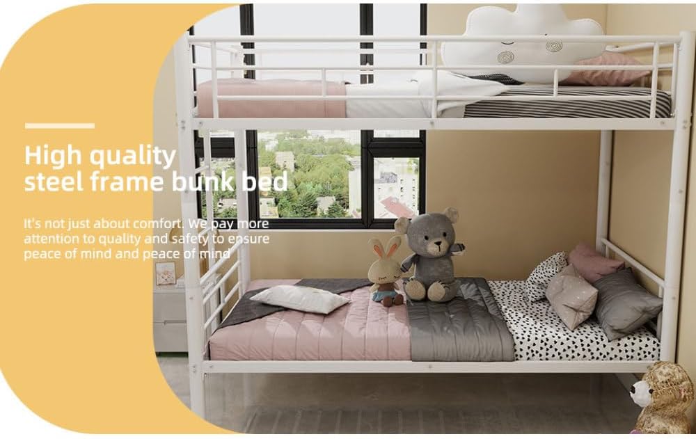 Twin Over Full Metal Bunk Bed, with Ladder & Full-Length Guardrail for Teens Adults, Noise Free (White + Metal + Metal-2)
