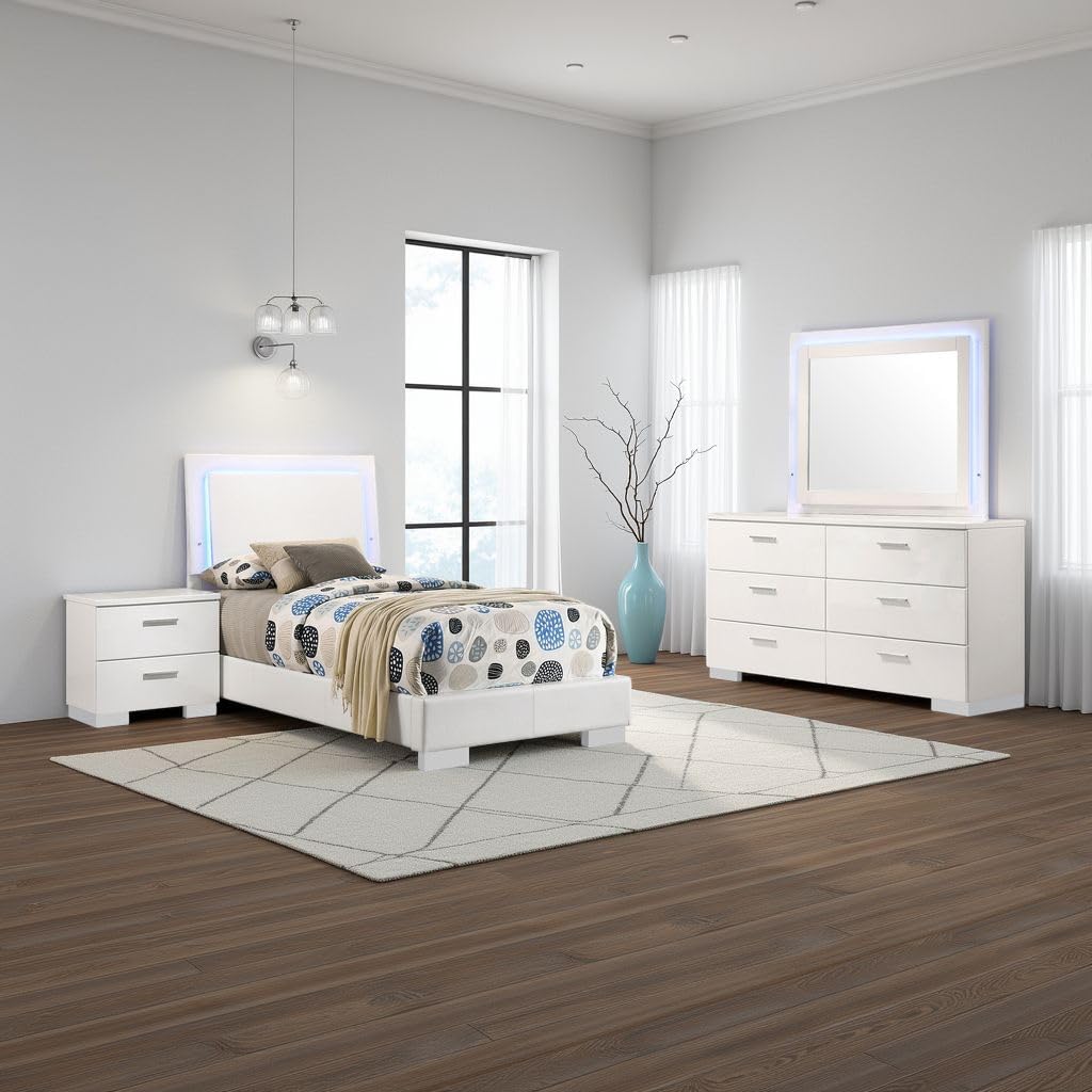 Benzara Sok 4pc Twin Bedroom Set, Blue LED Lights, Faux Leather, White Wood