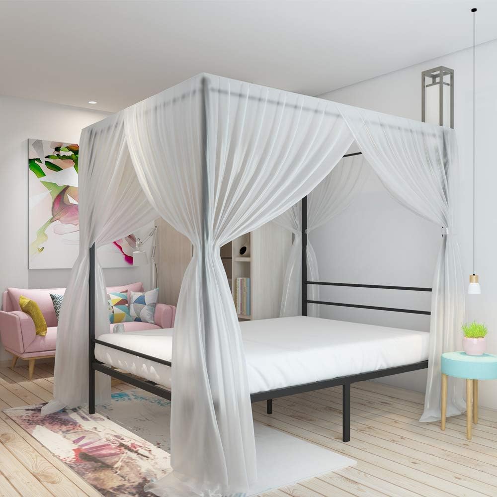 JOM Canopy Bed Frame Queen Size Black Metal 4 Poster Mattress Foundation Modern Post Corner with Headboard for Girls Adults