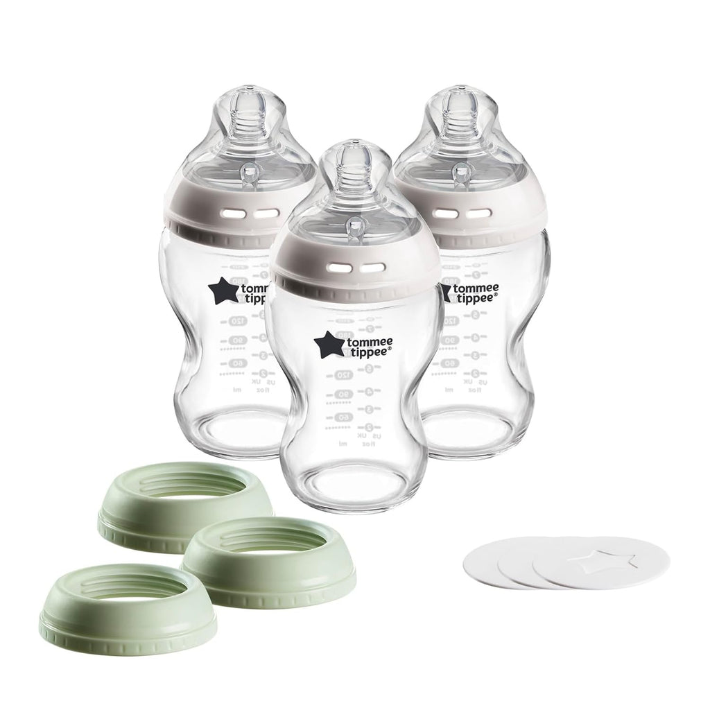 Tommee Tippee Natural Start 9oz Glass Baby Bottles, Self Sterilizing, BPA & Phthalates Free, 0+ Months, Slow Flow Breast-Like Nipple for a Natural Latch, Travel Jar, Cup Rings, (Pack of 54)