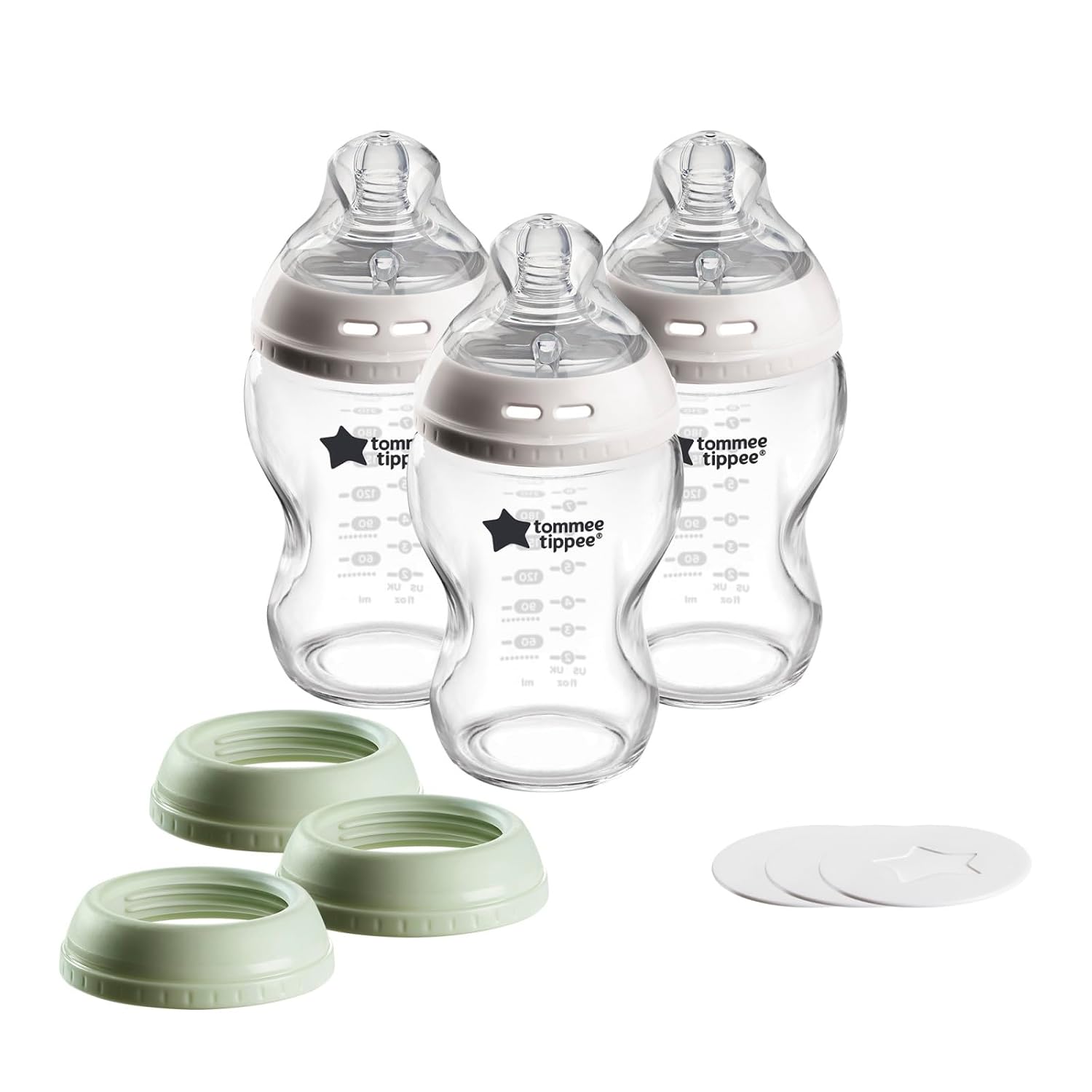 Tommee Tippee Natural Start 9oz Glass Baby Bottles, Self Sterilizing, BPA & Phthalates Free, 0+ Months, Slow Flow Breast-Like Nipple for a Natural Latch, Travel Jar, Cup Rings, (Pack of 54)