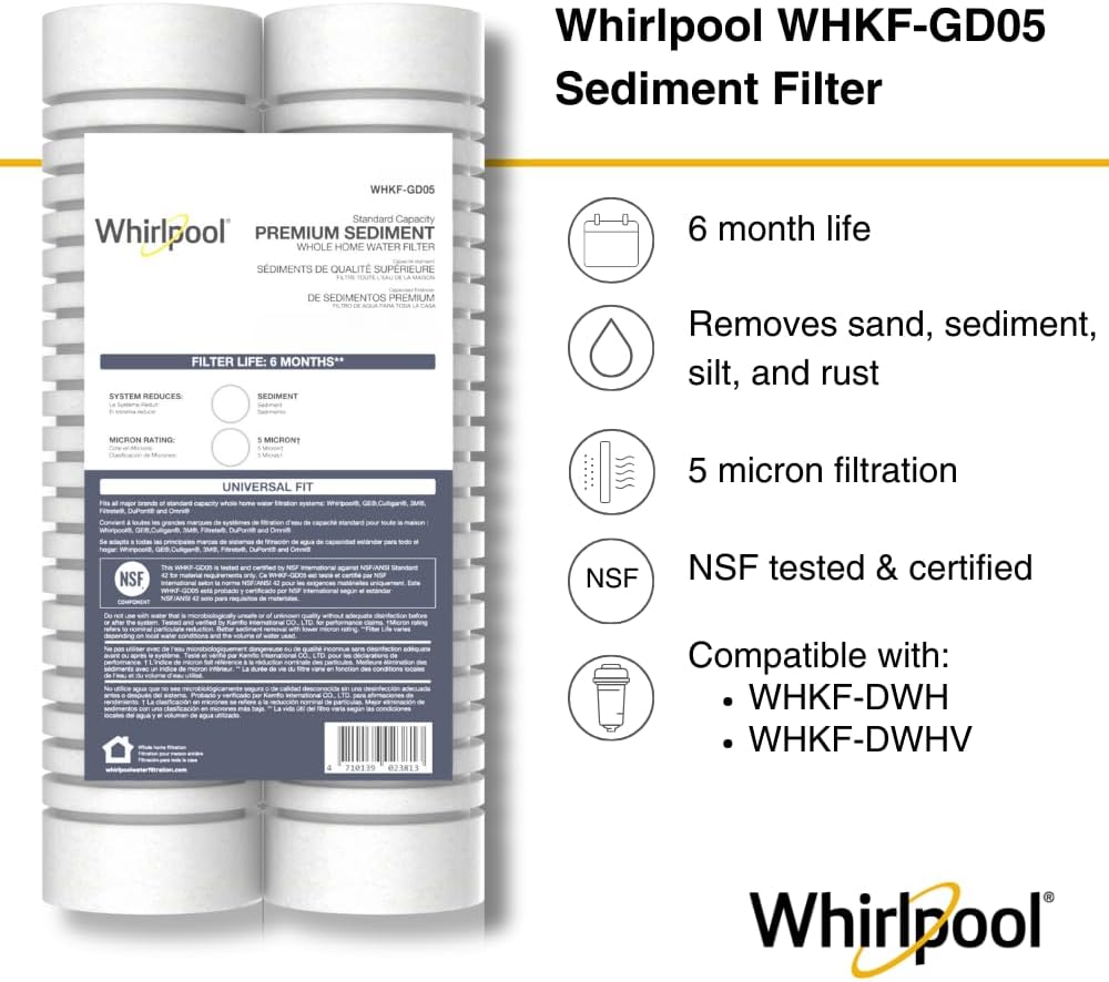 Whirlpool 10' x 2.5' Whole House Sediment Water Filters. WHKF-GD05 Grooved Filter, 5 Micron, NSF Certified Reduces Sand, Soil, Silt & Rust for Standard Filter Housings, 24-Pack