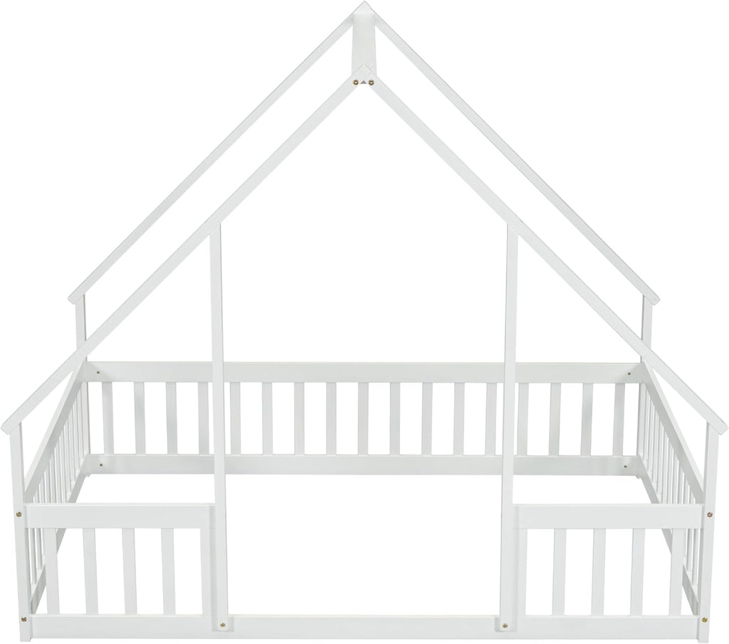 JIVOIT House Bed Full Size Floor Bed, Full Wood House-Shaped Floor Bed with Fence and Guardrails, Wood House Roof Frame, Montessori Floor Bed Frame (White-Full,129)