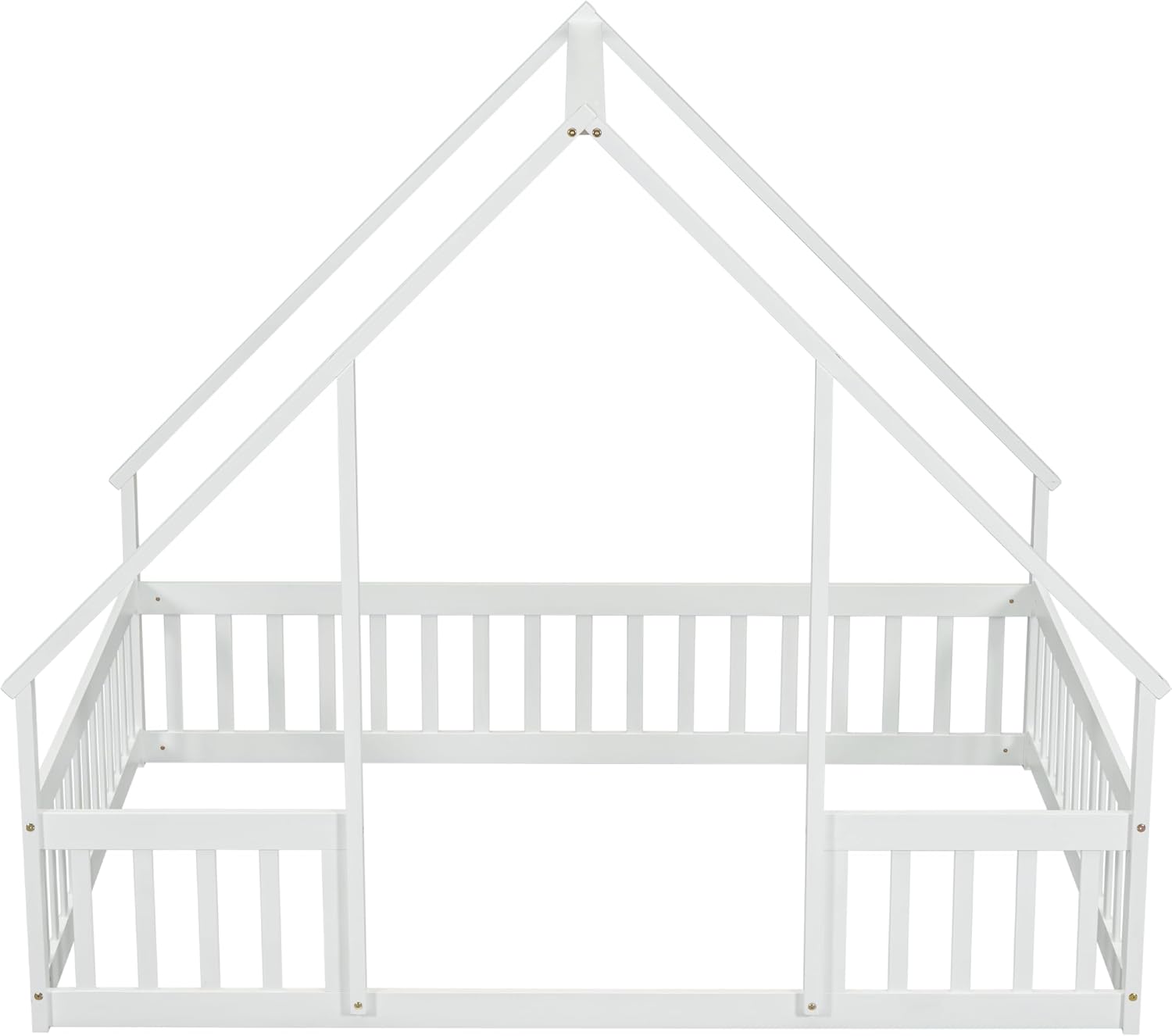 JIVOIT House Bed Full Size Floor Bed, Full Wood House-Shaped Floor Bed with Fence and Guardrails, Wood House Roof Frame, Montessori Floor Bed Frame (White-Full,129)