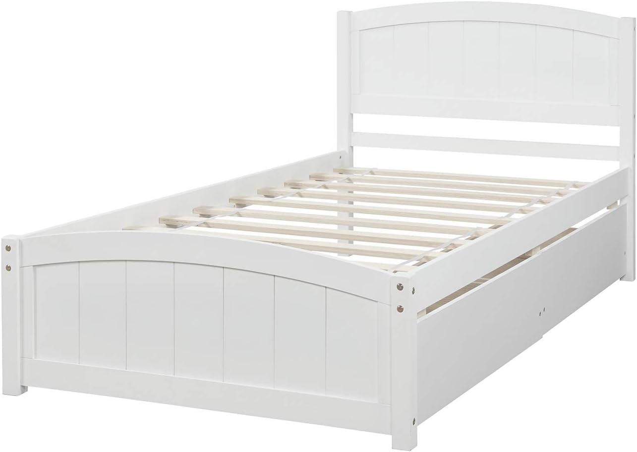 Harper & Bright Designs Twin Bed with Drawers, Solid Wood Platform Bed with Storage and Headboard, Footboard, Wood Slat Support (Twin Size, White)