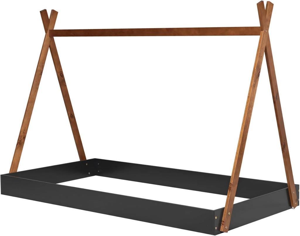 Twin Size Tent Floor Bed with Triangle Structure, Wood Floor Bed Frame, Twin Size Montessori Bed Playhouse House Platform Bed with X-Shaped Safety Railings for Kids Boys Girls (Black+Brown & Twin)