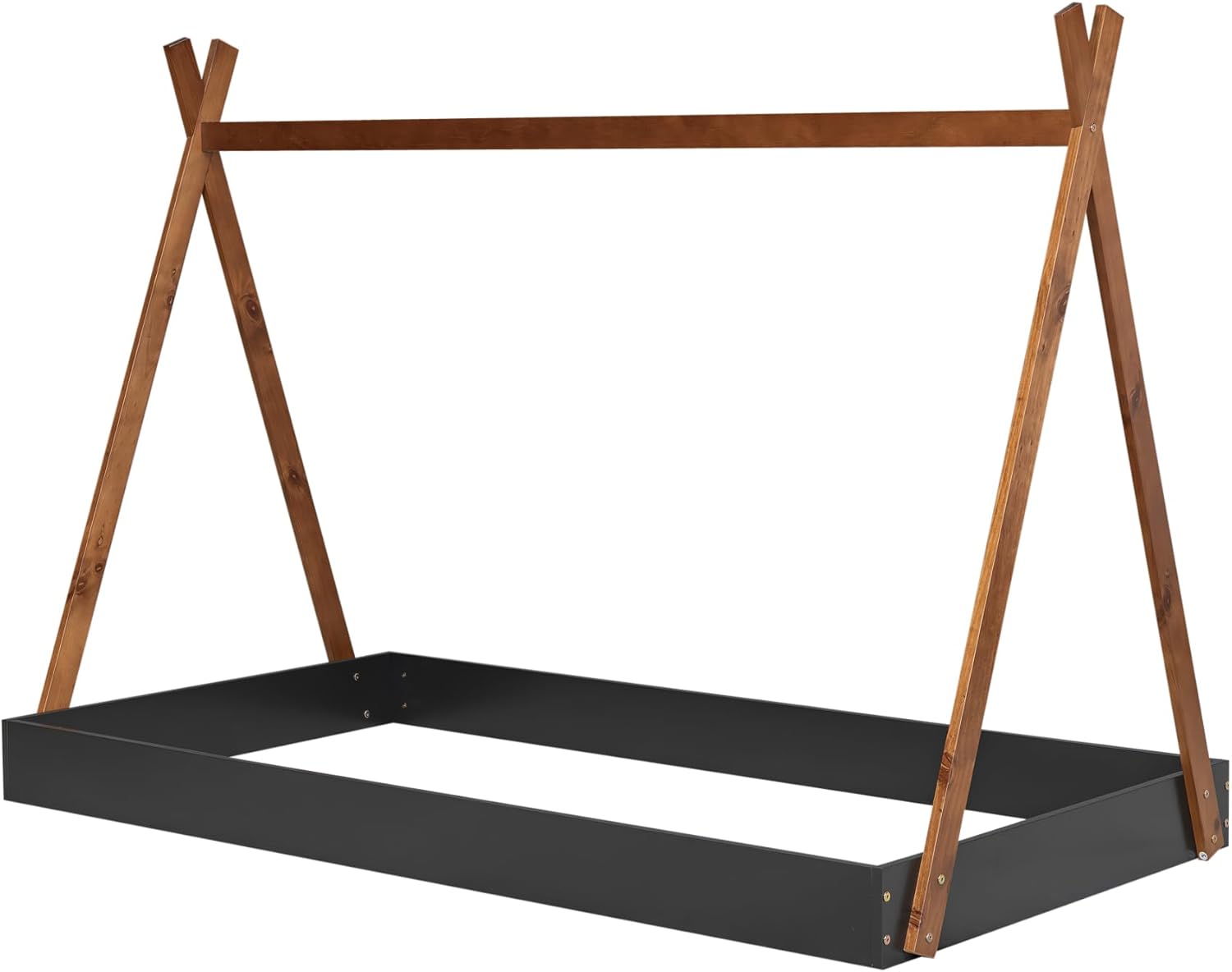 Twin Size Tent Floor Bed with Triangle Structure, Wood Floor Bed Frame, Twin Size Montessori Bed Playhouse House Platform Bed with X-Shaped Safety Railings for Kids Boys Girls (Black+Brown & Twin)