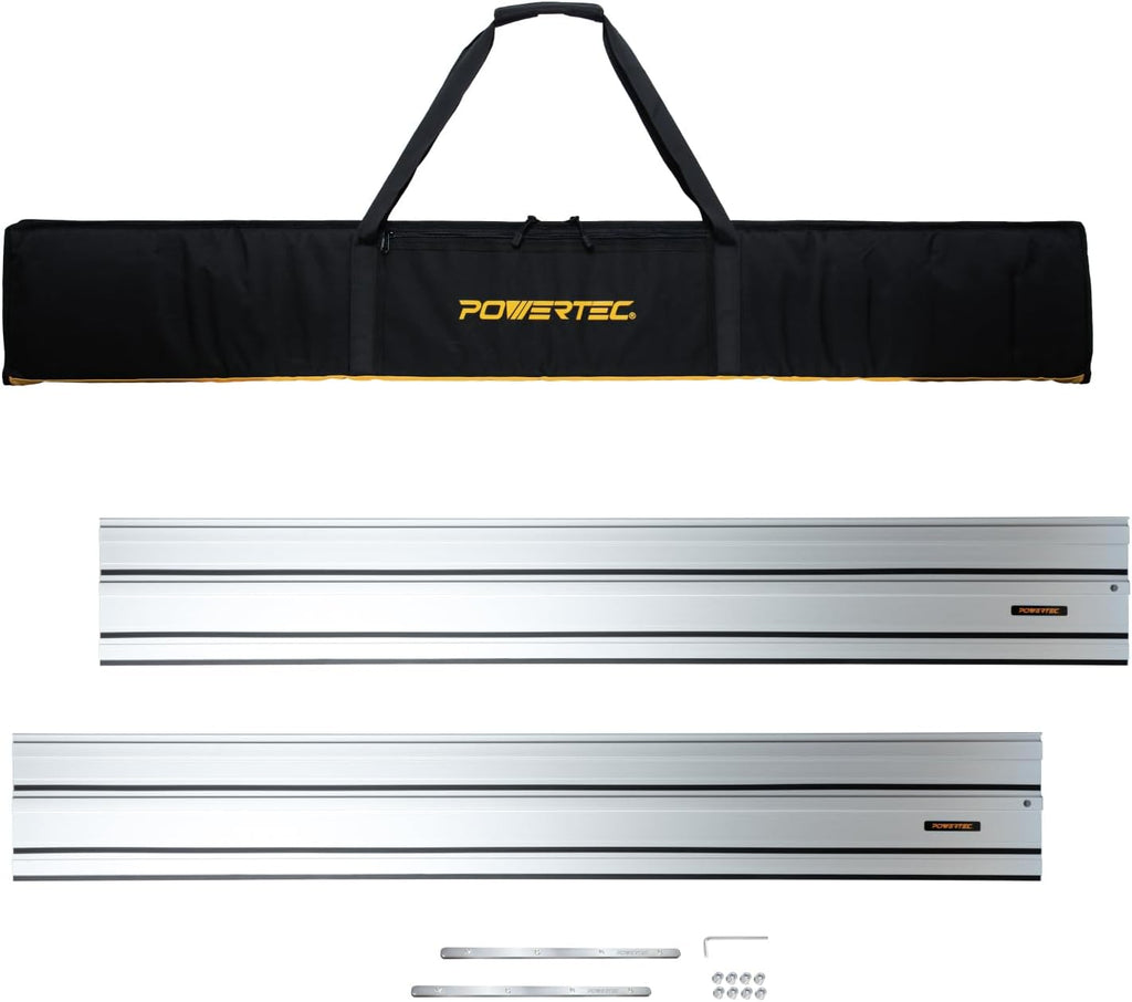 POWERTEC 110' Track Saw Guide Rail Joining Set for Ridgid Track Saws, Include 2x55' Extruded Aluminum Guide Rail, 2 Rail Extension Connectors and Protective Carrying Bag (72133)