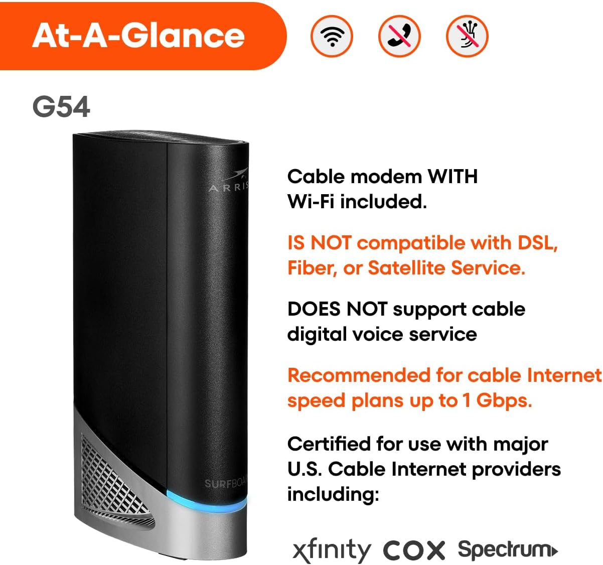 ARRIS (G54) - Cable Modem Router Combo - Fast DOCSIS 3.1 Multi-Gigabit & BE 18000 WiFi 7 Comcast Xfinity, Cox, Spectrum Quad-Band 1, Up to 18 Gbps Max Speed