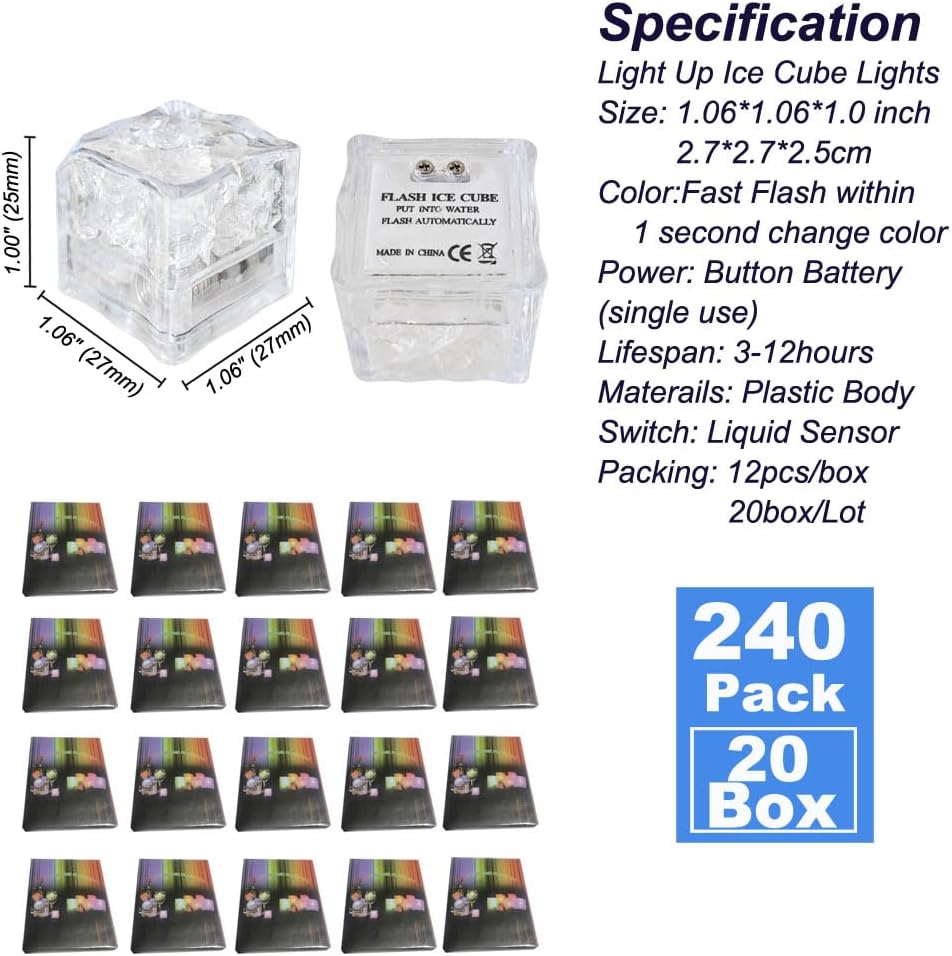 240 Pack Light Up Ice Cubes,Glowing Ice Cubes for Drinks Reusable Mini Led Lights Battery Operated,Multicolor Blinking Fast Flash Glow In the Dark Light Up Ice cubes for Drinks Whiskey Wine Party