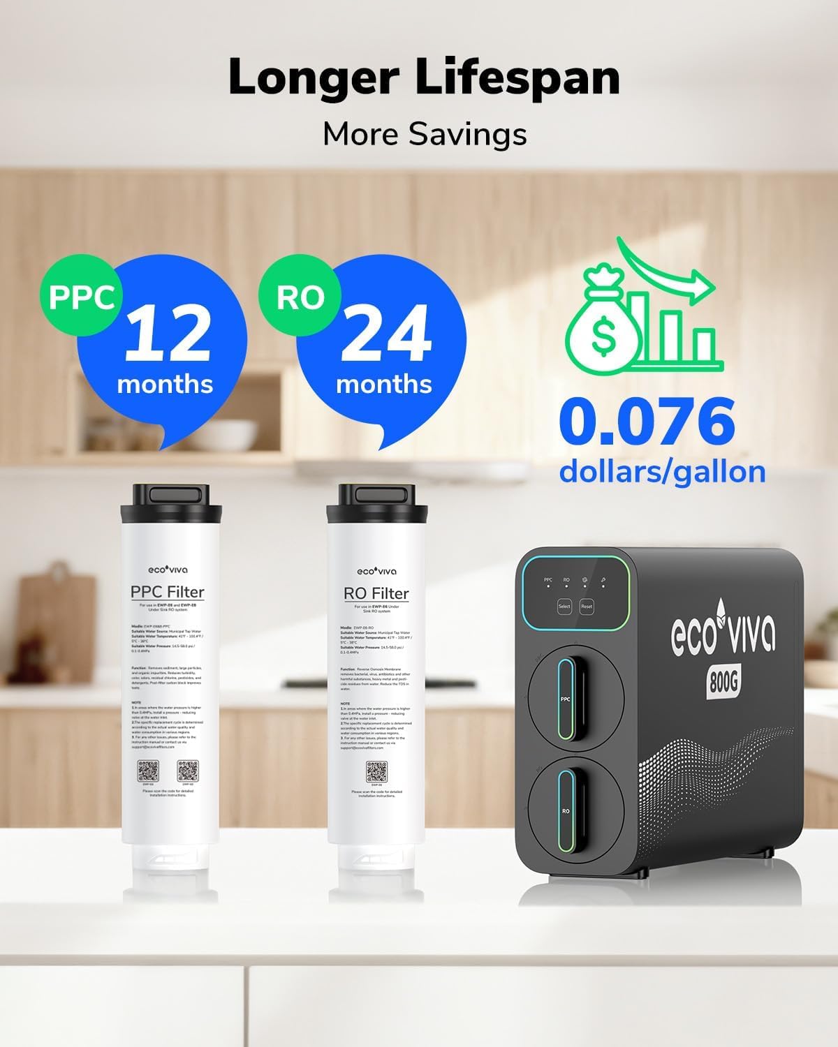Ecoviva E8 800 GPD Reverse Osmosis Water Filter, 9-Stage Filtration RO System, Undersink Water Purifier, Reduces TDS, 2.5:1 Pure to Drain, Tankless, LED Smart Faucet