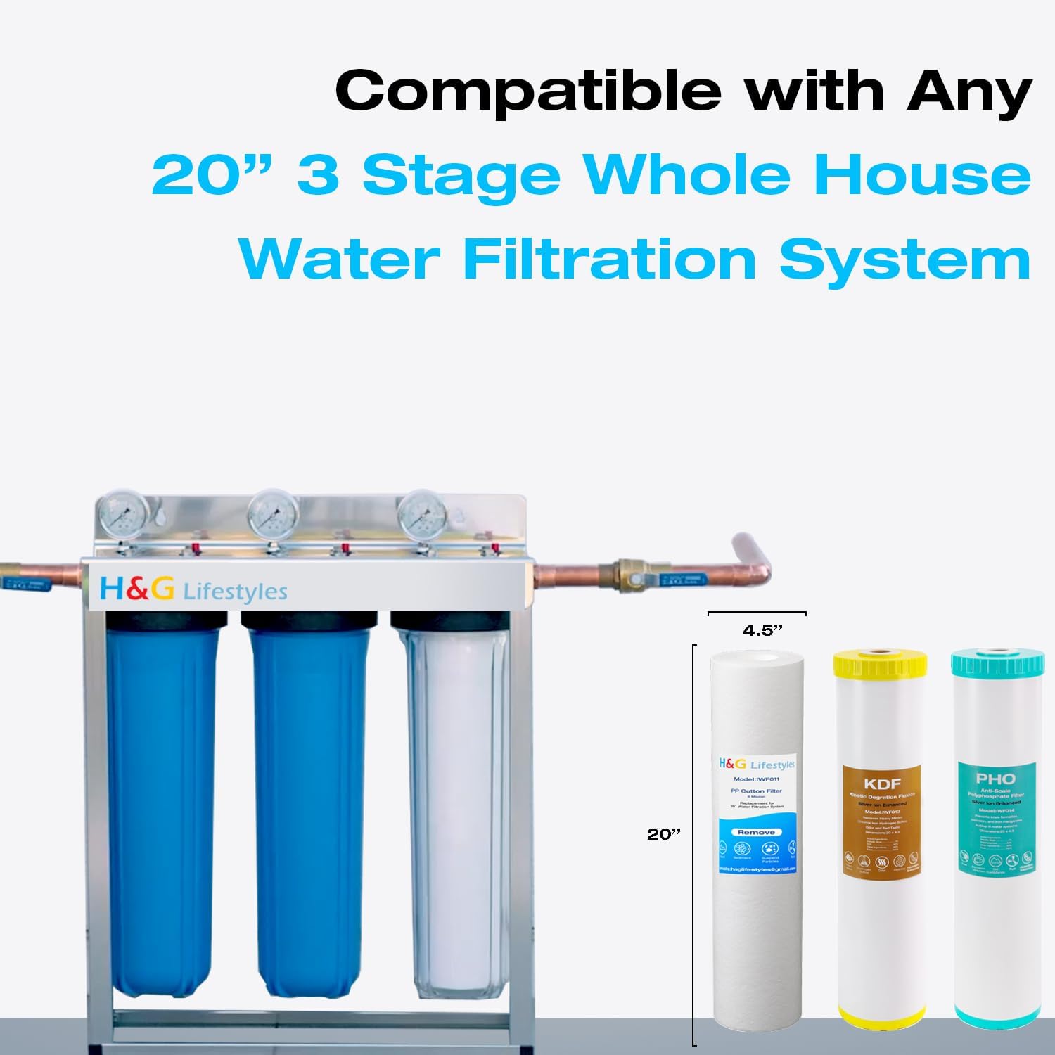 H&G Lifestyles Whole House Water Filter Cartridge, 4.5 x 20 KDF Water Filter, Polyphosphate Water Descaler, PP Cotton Filter, Compatible with ECP5-20BB,SPC-45-2005,DGD-5005-20