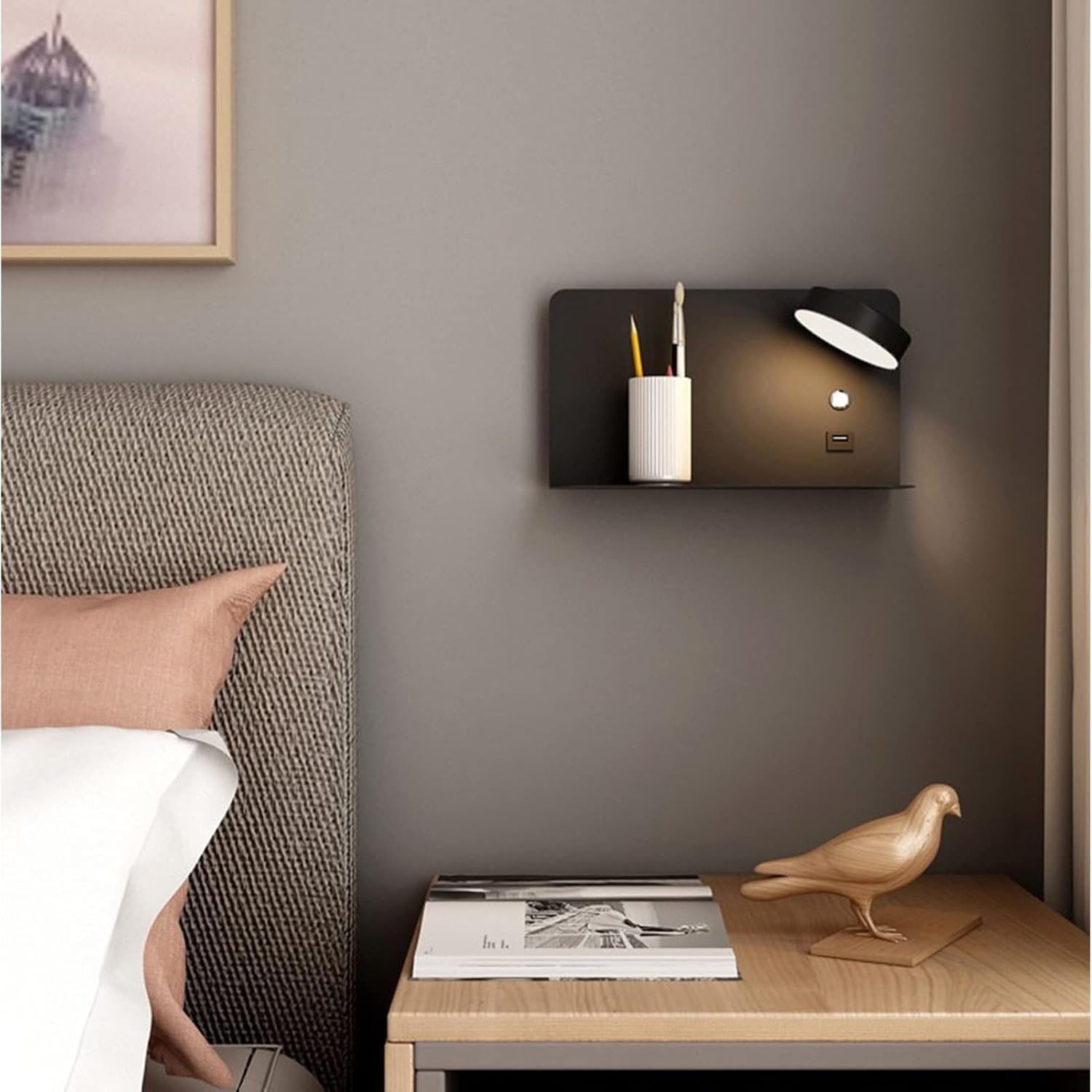 USB Charging Wall Sconces, Dimmable Wall Lamp Fixture with Phone Holder Shelf, 350° Rotation Wall Light with Button On/Off Switch, 12W Rotatable Wall Mount Lighting(Black,Large)