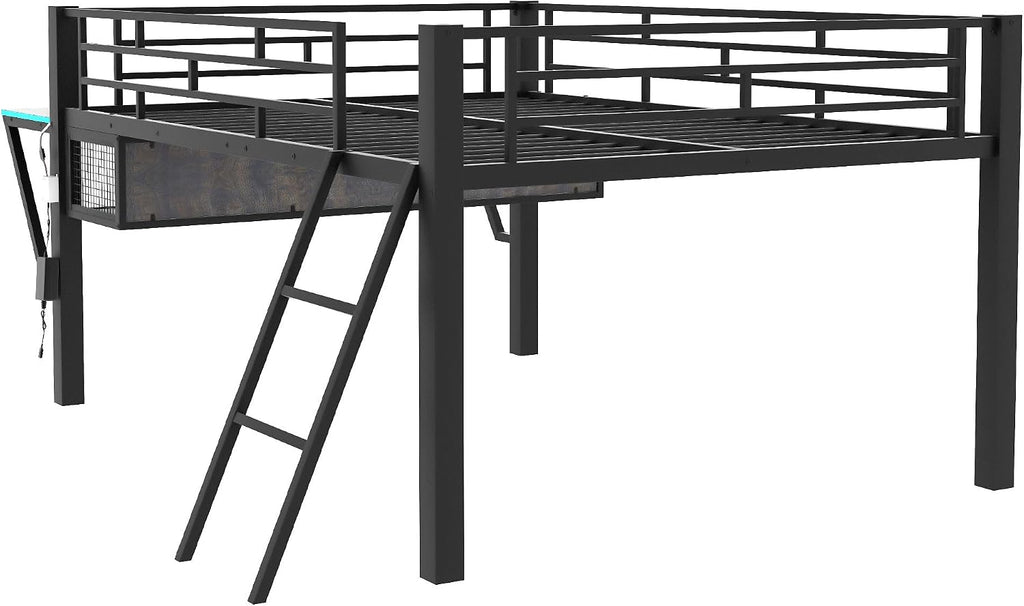 Modern Gaming Mid Loft Bed with Built-in LED Lights & Large Desk, High Sleeper Twin Size Bed with PC Gaming Setup for Teenagers, Space-Saving Furniture for Small Room (Black + Full)