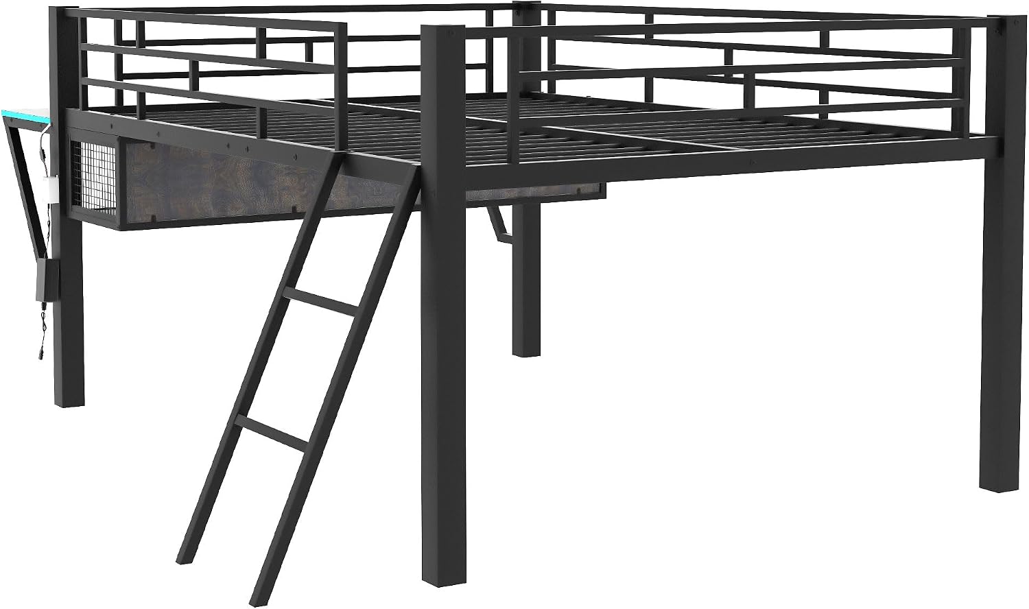 Modern Gaming Mid Loft Bed with Built-in LED Lights & Large Desk, High Sleeper Twin Size Bed with PC Gaming Setup for Teenagers, Space-Saving Furniture for Small Room (Black + Full)