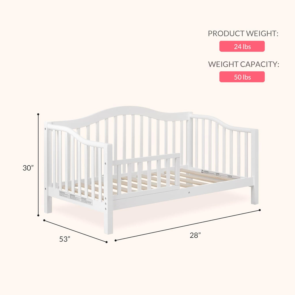 Dream On Me Austin Toddler Day Bed with Rails in White, Low to Floor Toddler Day Bed, Greenguard Gold & Baby Safety Alliance Certified, Non-Toxic Finishes, Side Safety Guard Rail